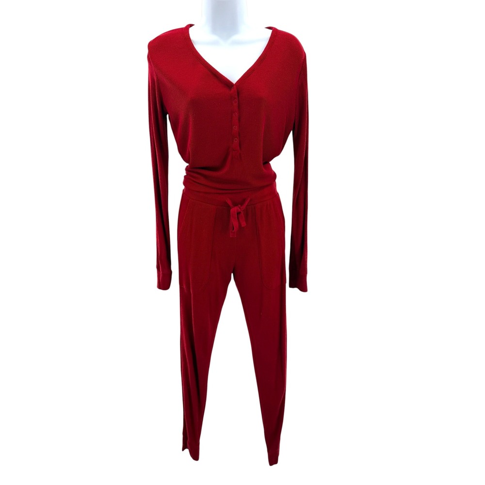 Posh Peanut Womens Red Waffle Knit Bamboo Henley Pajama Loungewear Set Small